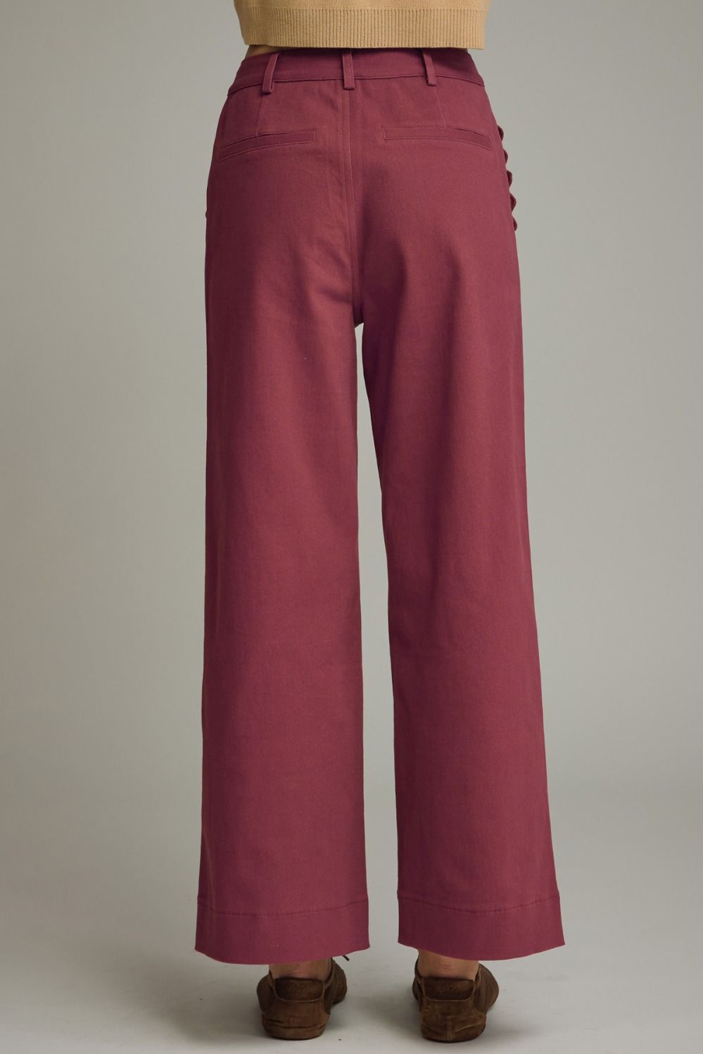 Entro burgundy twill denim wide leg pants with scalloped details with flattering silhouette