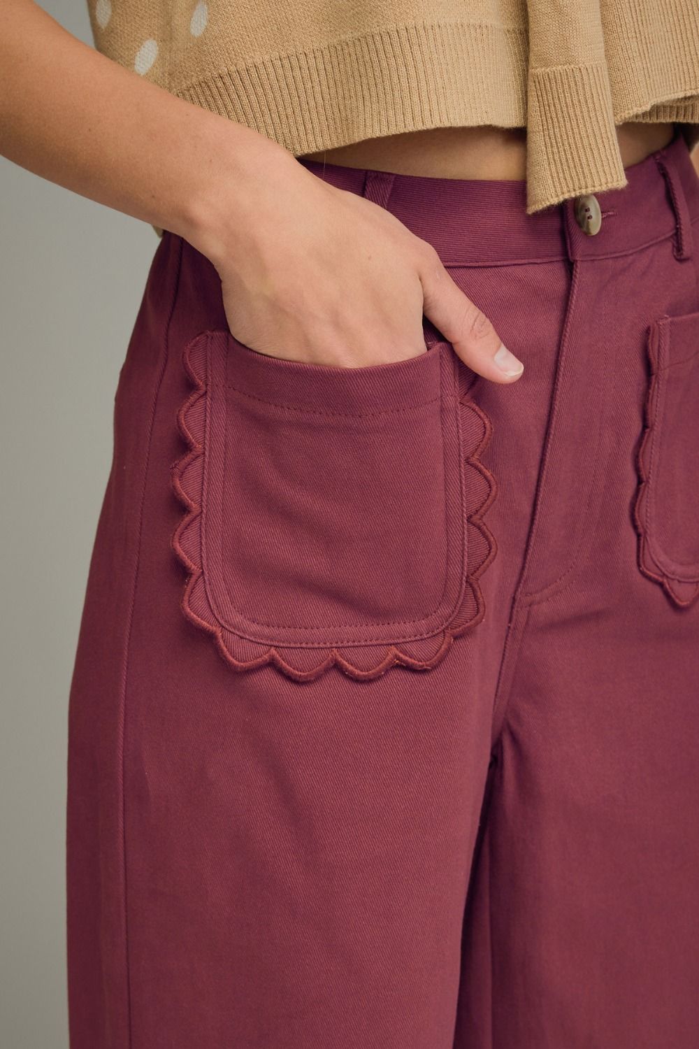 Entro burgundy twill denim wide leg pants with scalloped pocket details