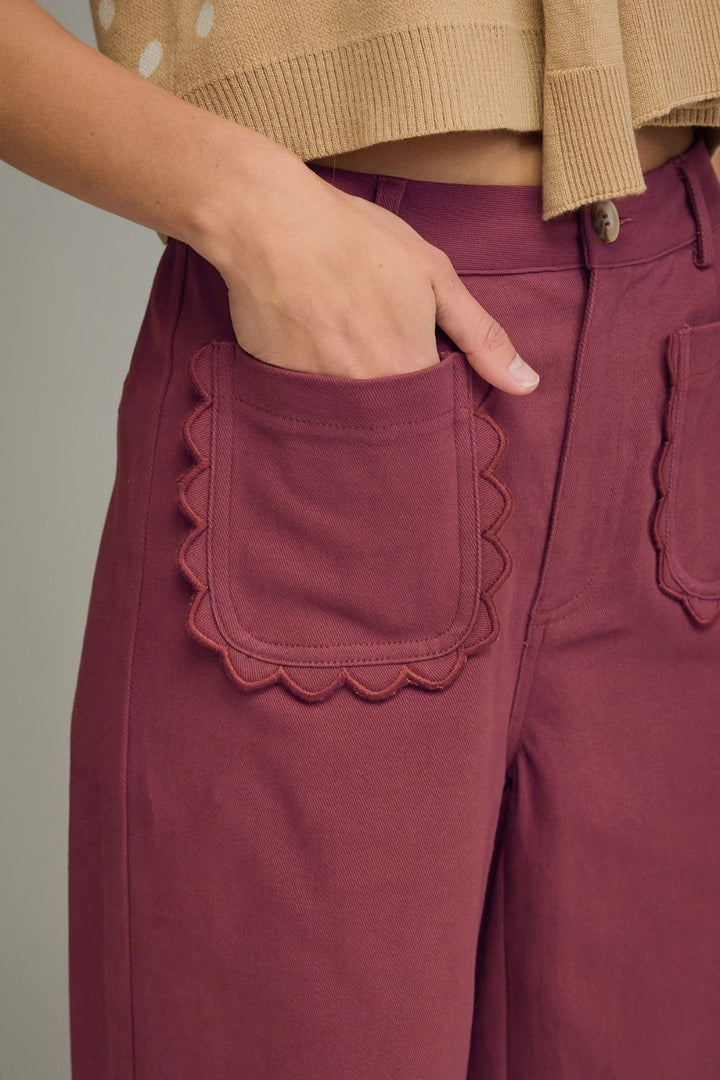 Entro burgundy twill denim wide leg pants with scalloped pocket details