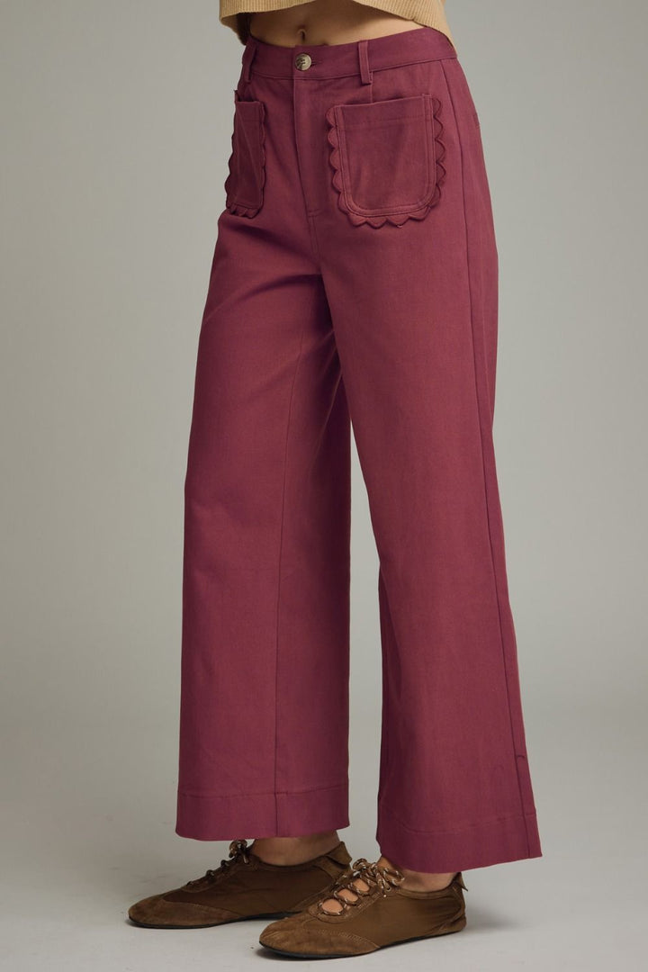 Entro burgundy twill denim wide leg pants with scalloped details with button and zipper closure