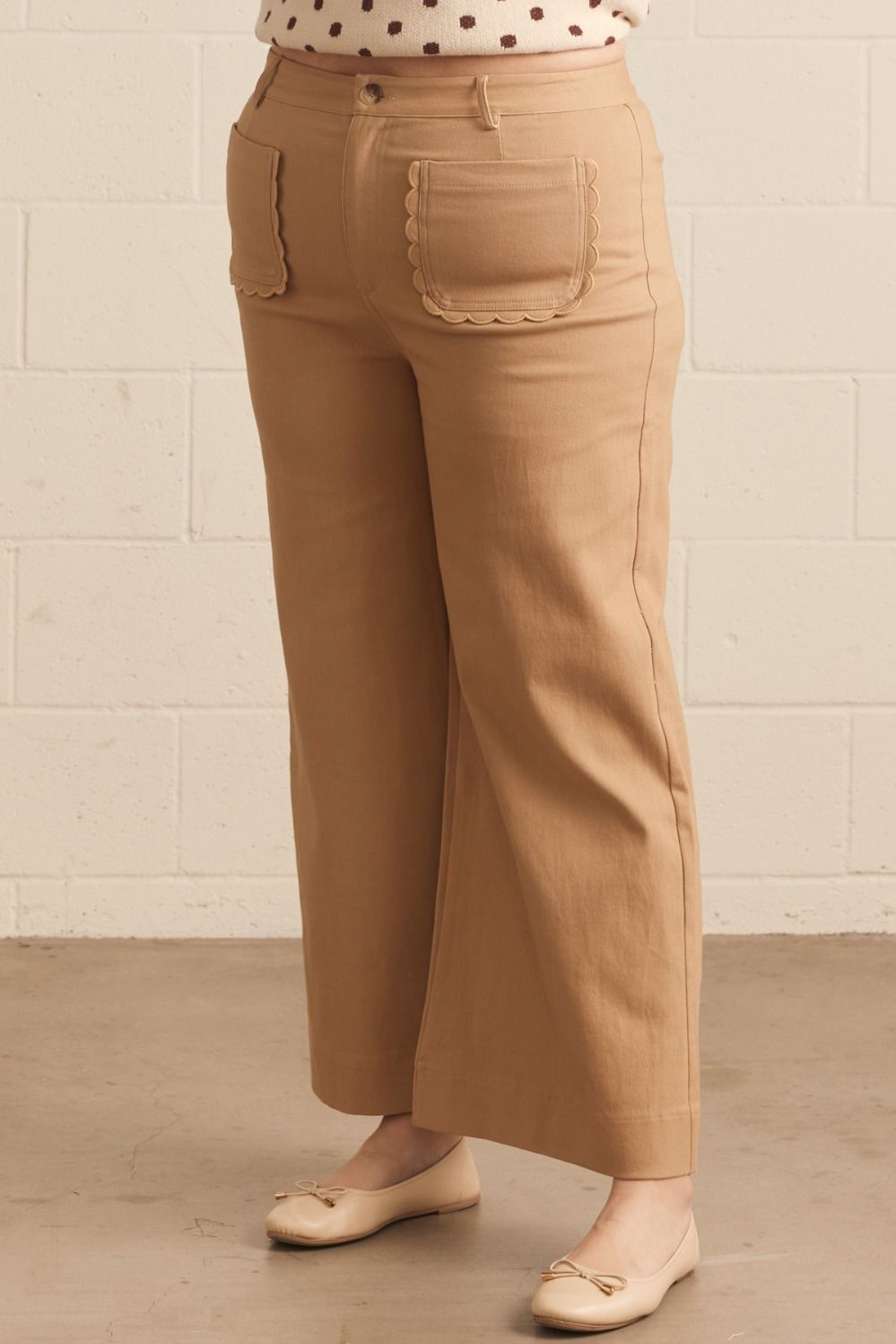 Entro plus size caramel twill denim wide leg pants with scalloped details and cropped legs