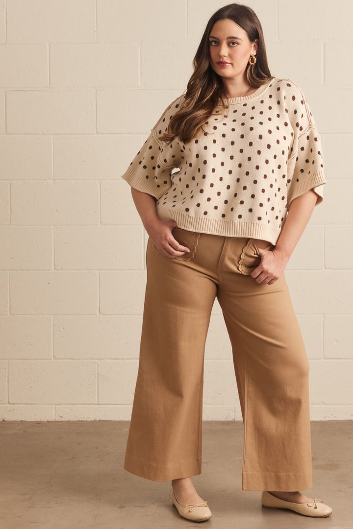 Entro plus size caramel twill denim wide leg pants with scalloped details