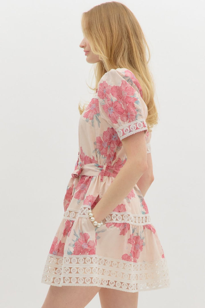 entro pink floral lace short dress