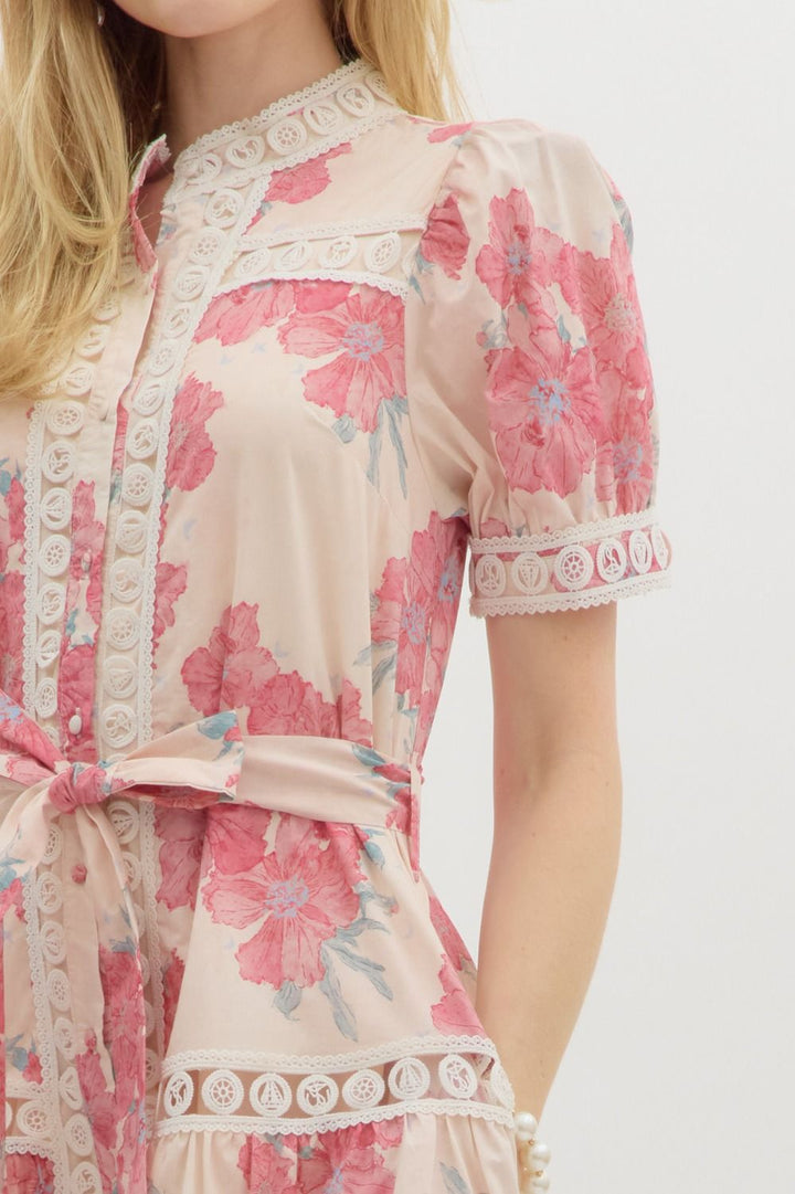 entro pink floral lace short dress