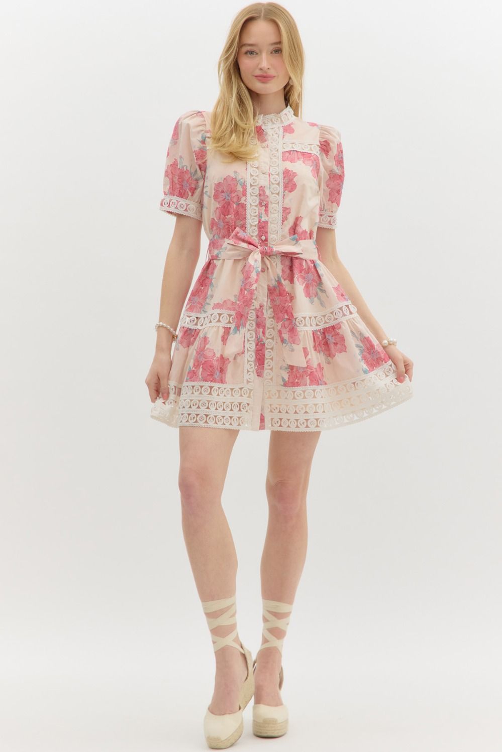 entro pink floral lace short dress