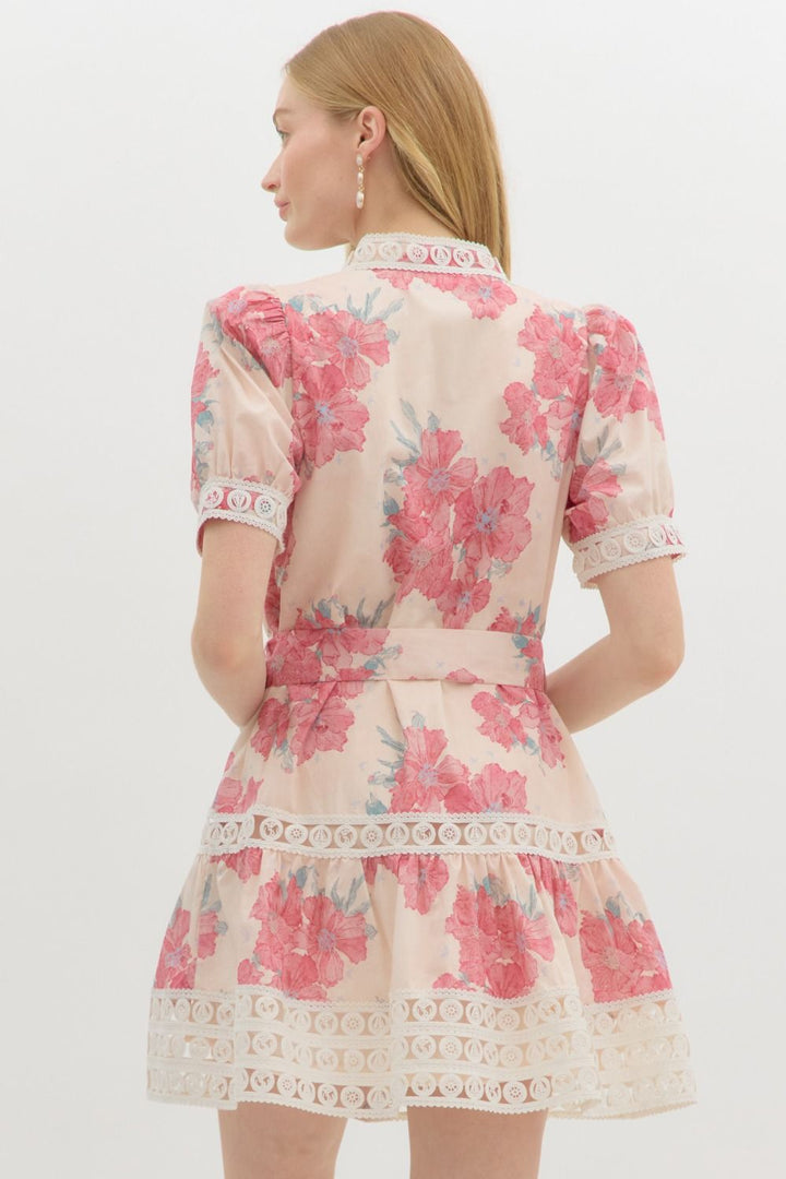 entro pink floral lace short dress