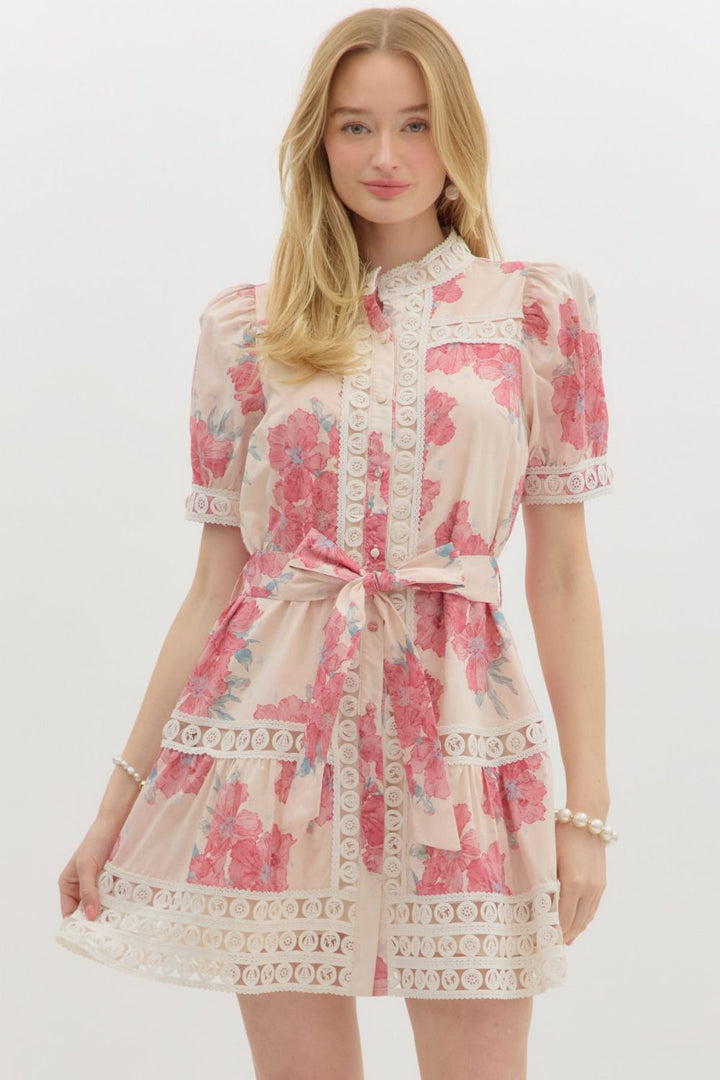 entro pink floral lace short dress