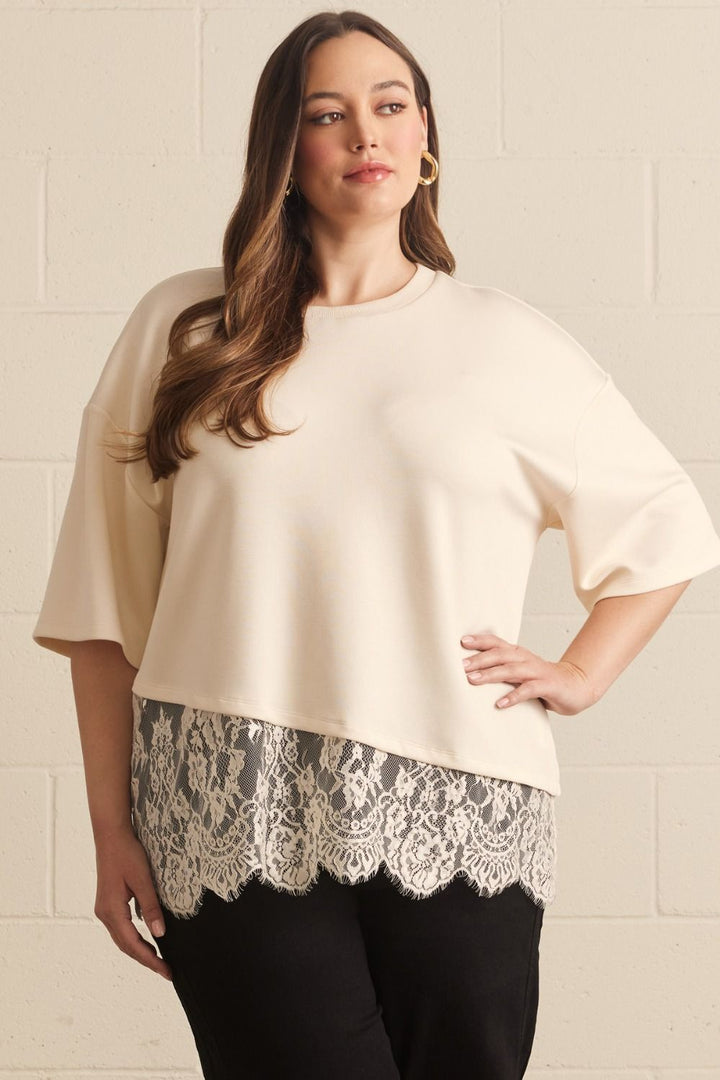 solid ecru asymmetrical tiered lace hem short sleeve crew neckline top plus size