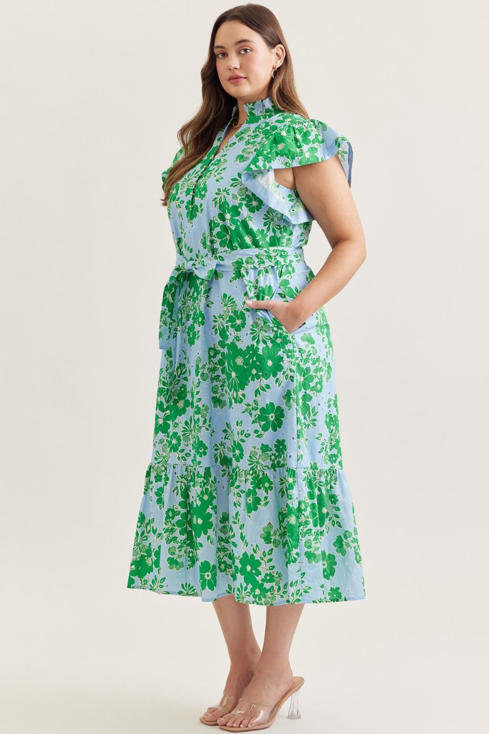 entro green floral dress Entro Green Midi Dress with Pink Florals-Simply Dixie Boutique Large
