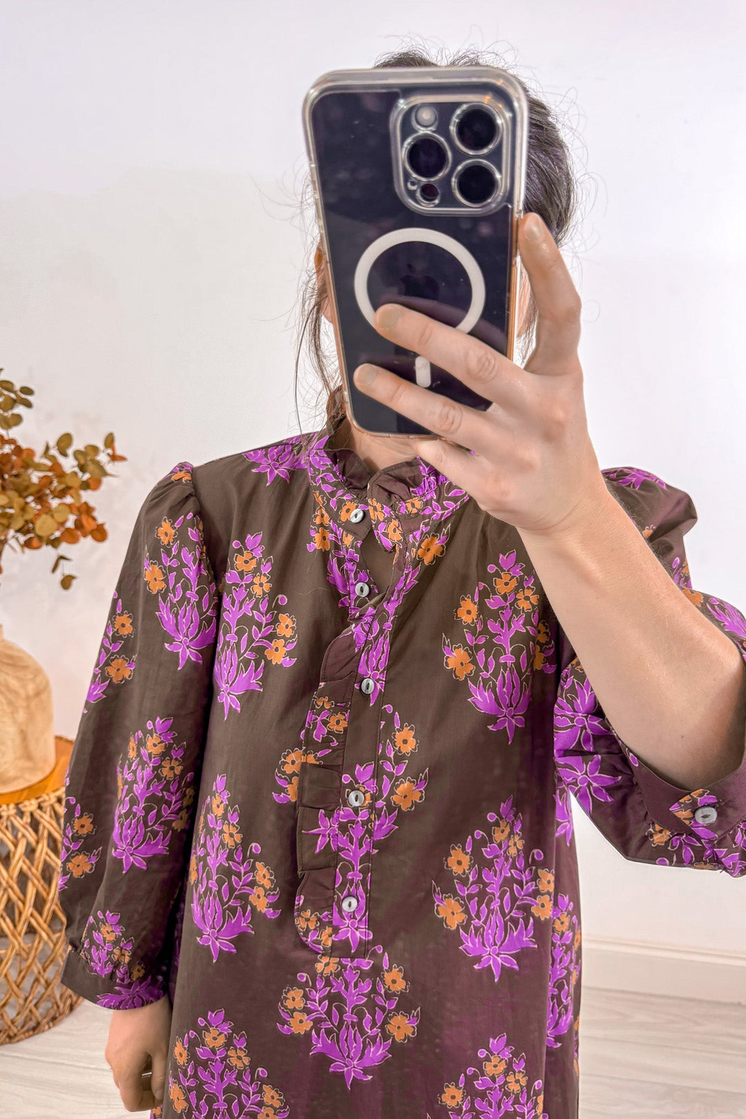 entro fall chocolate brown floral midi dress details