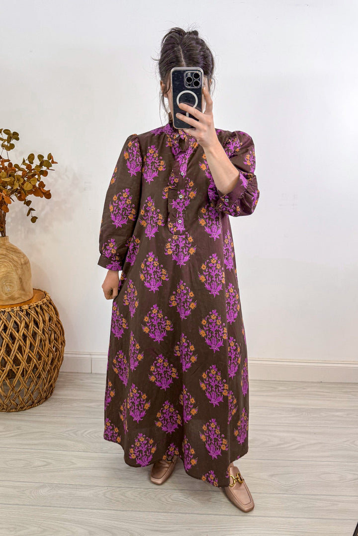 entro fall chocolate brown floral midi dress