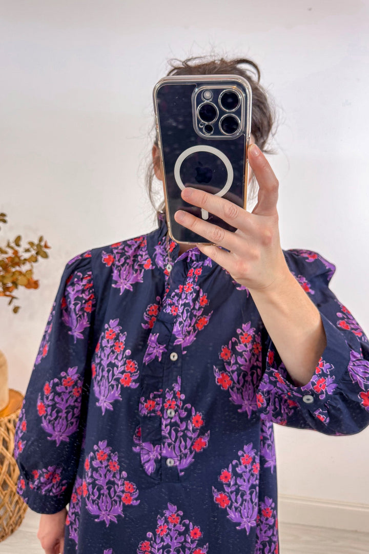 entro fall navy blue floral midi dress details