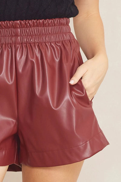 faux leather maroon shorts