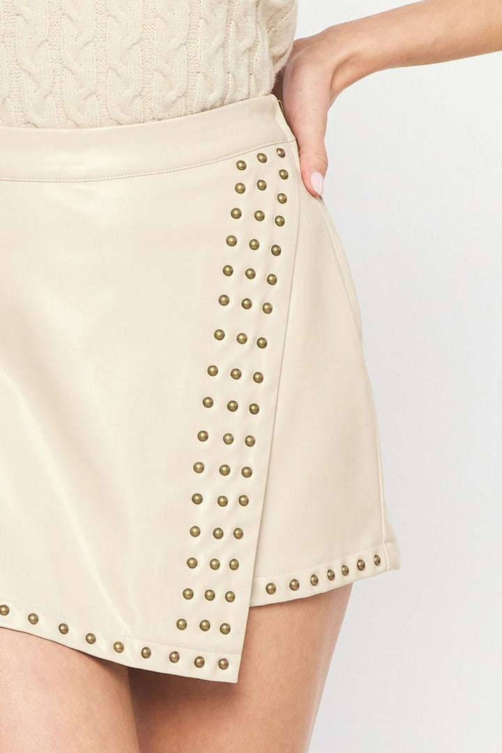 studded ecru leather skort
