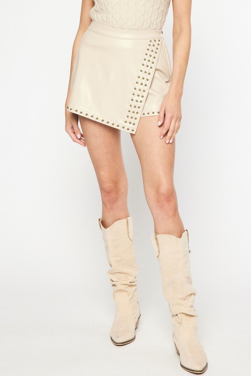 studded ecru leather skort