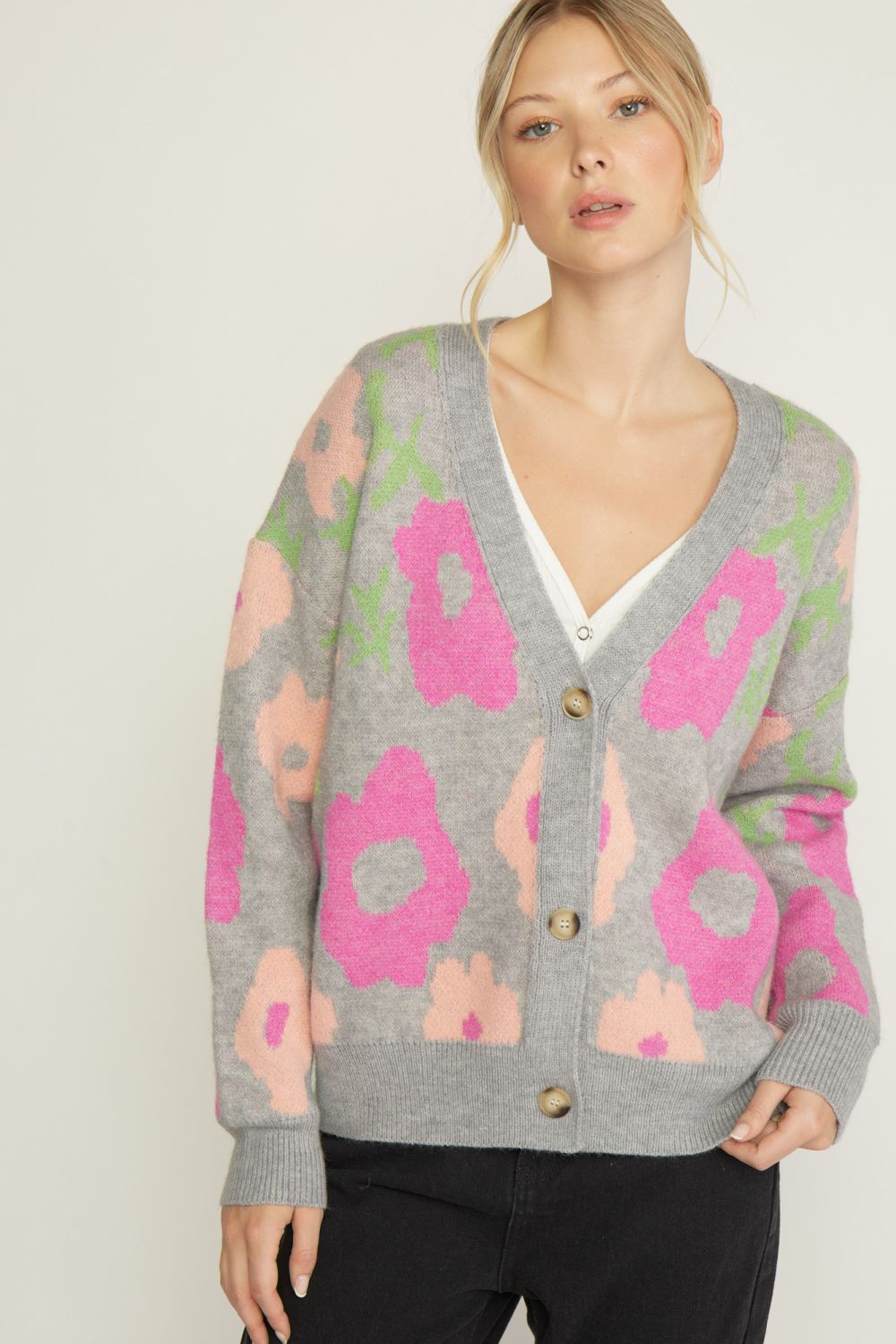 entro floral grey pink sweater cardigan