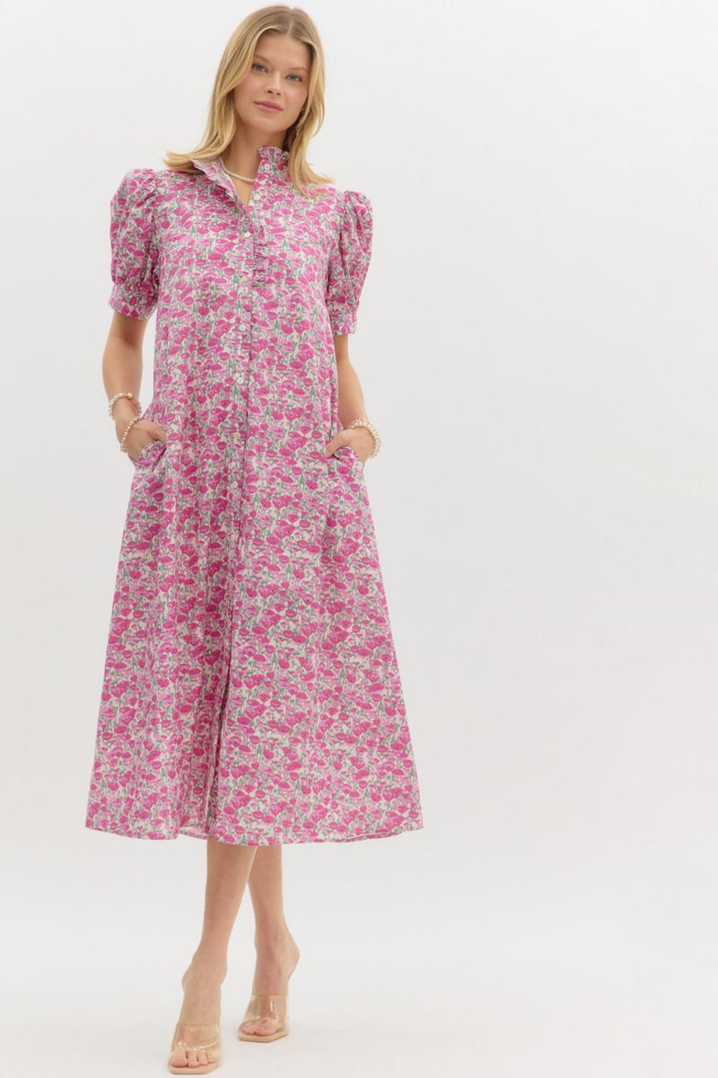 pink floral entro a line spring dress