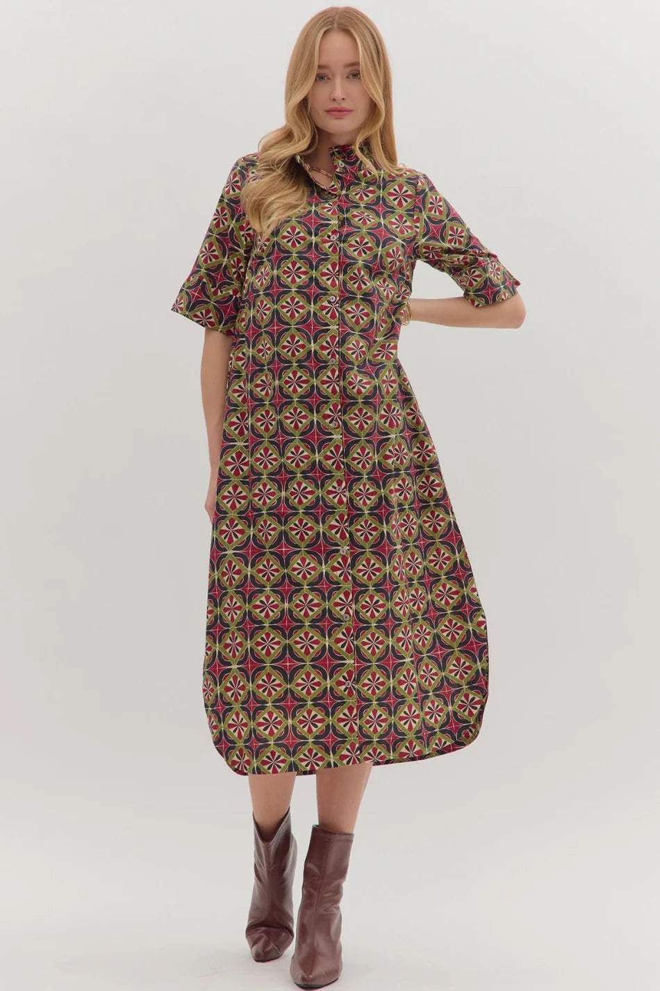 entro geometric burgundy fall printed dress pockets