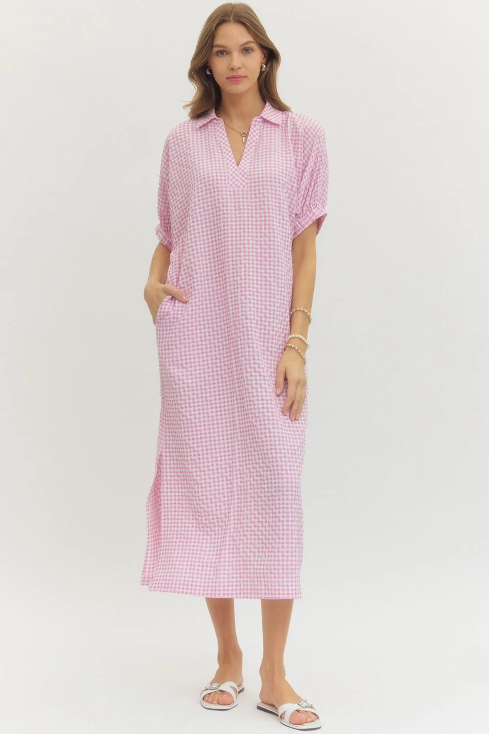 women's plus size pink gingham maxi dress entro