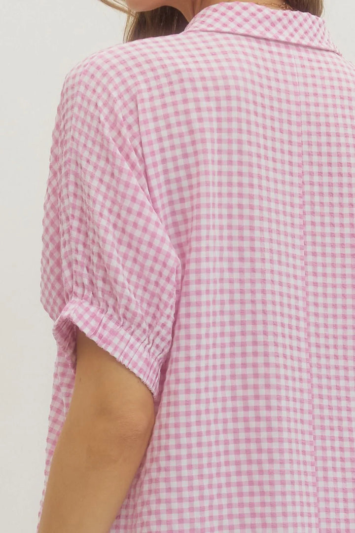 women's plus size pink gingham maxi dress details