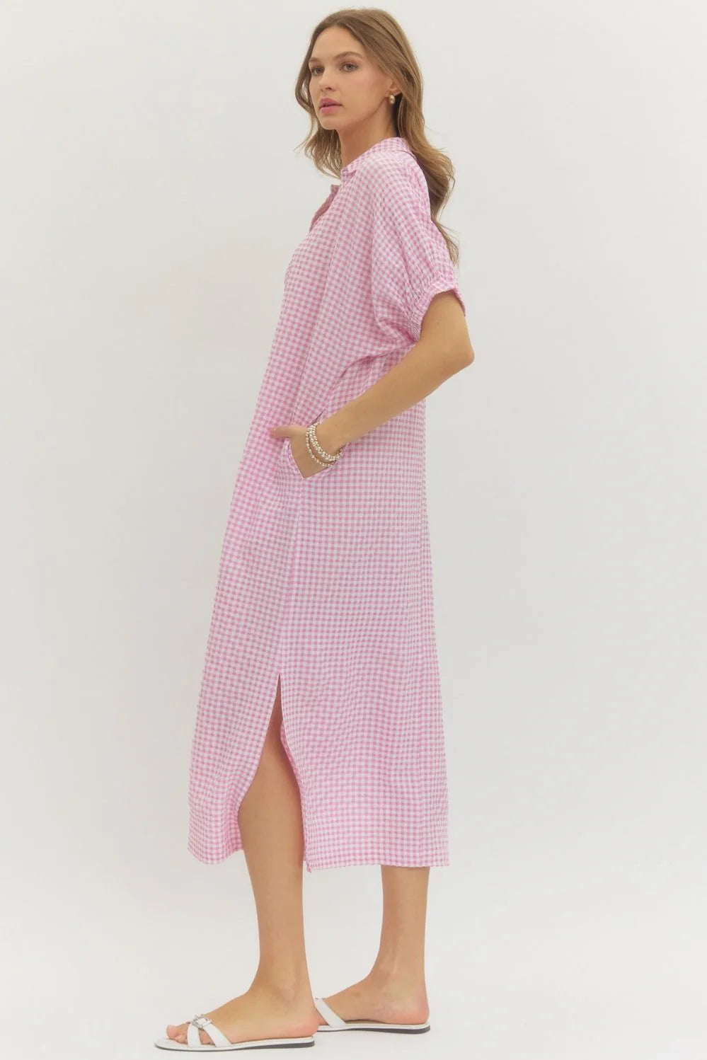 women's plus size pink gingham maxi dress pockets