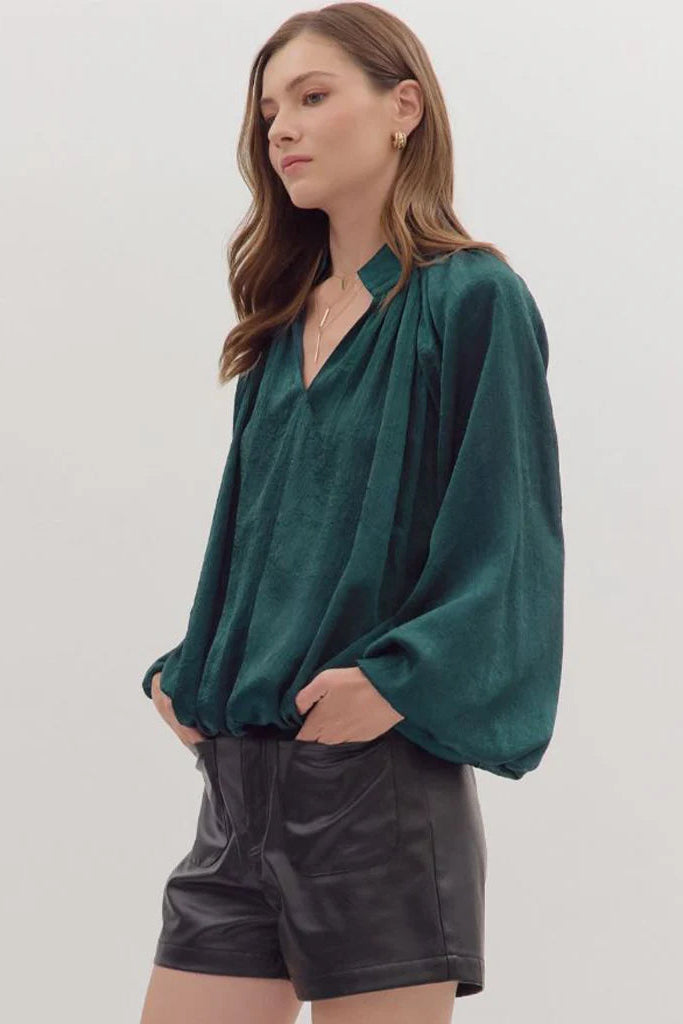 entro hunter green satin bubble hem top side