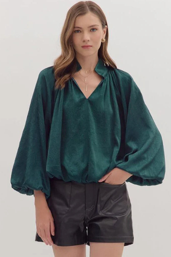 entro hunter green satin bubble hem top front