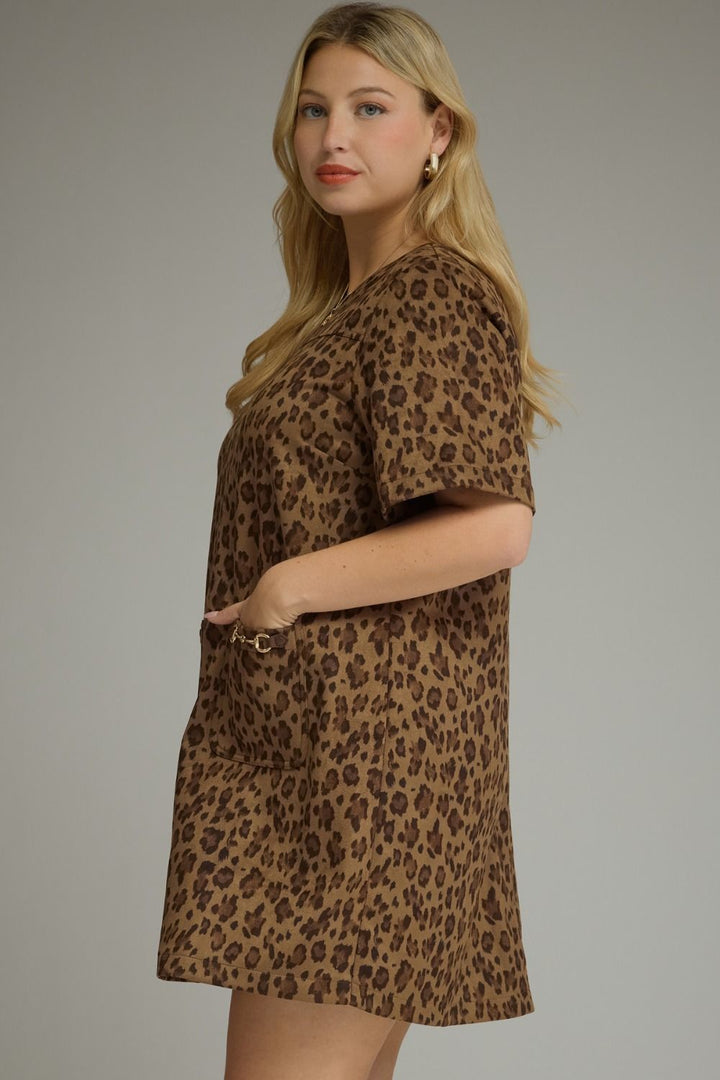 plus size brown leopard print with gold accent details short sleeve relaxed mini dress with front patch pockets