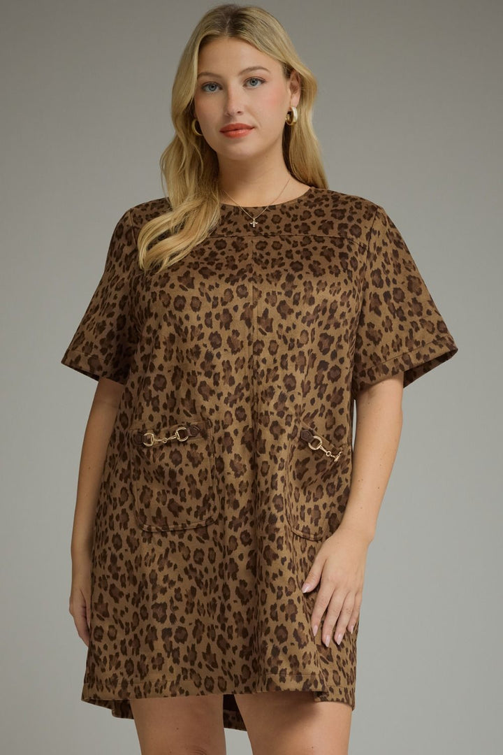 plus size brown leopard print with gold accent details short sleeve round neckline mini dress