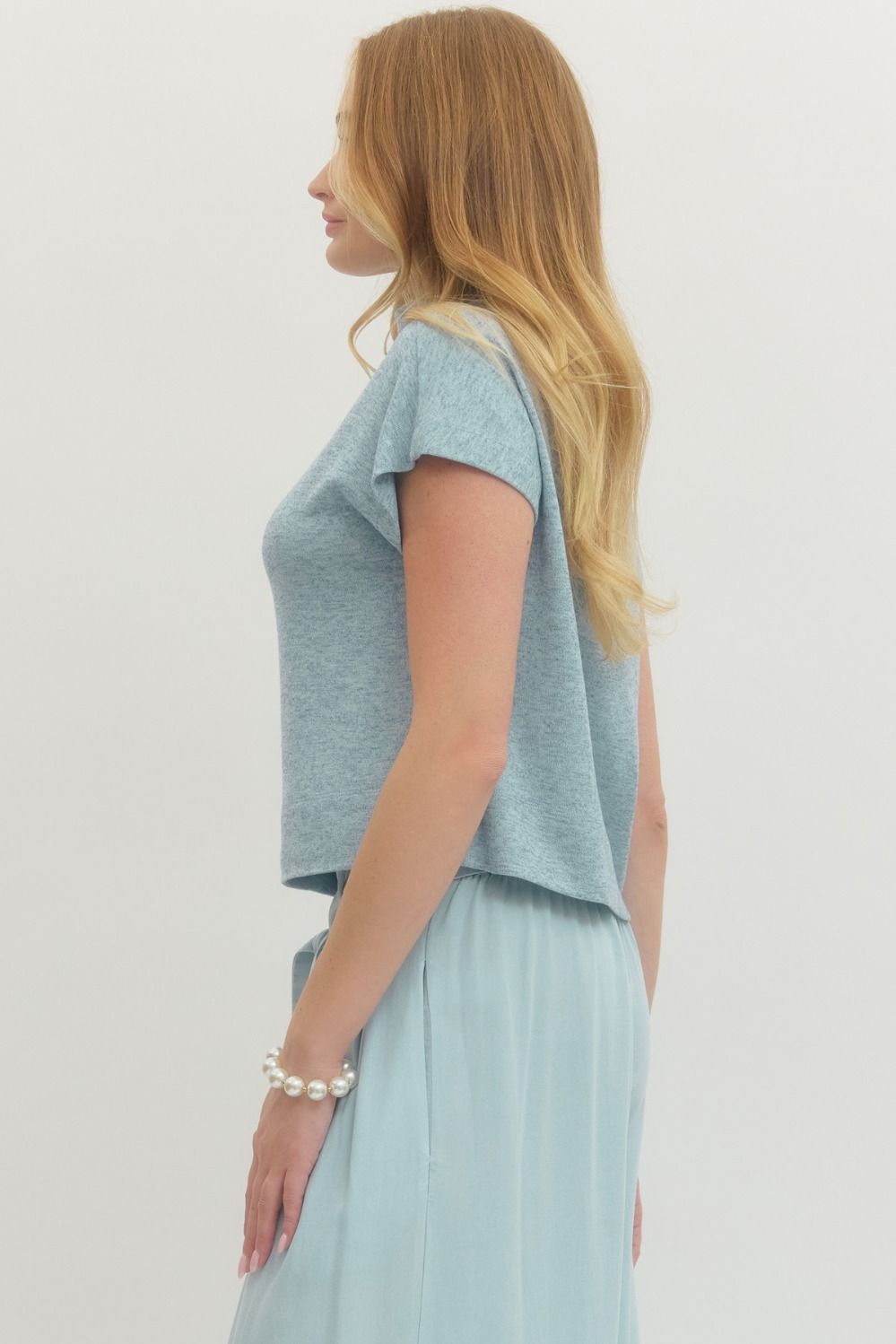 entro mock neck light blue knit top details