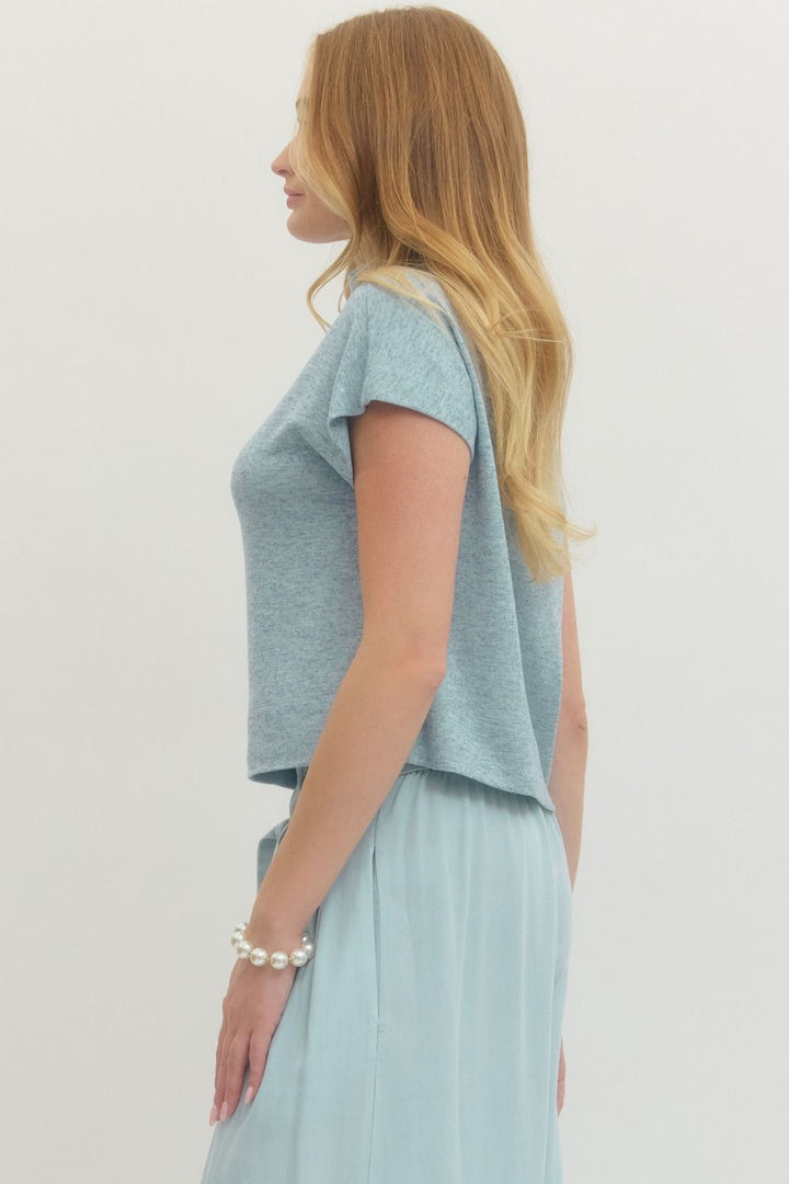 entro mock neck light blue knit top details