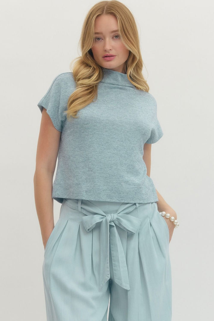 entro mock neck light blue knit top