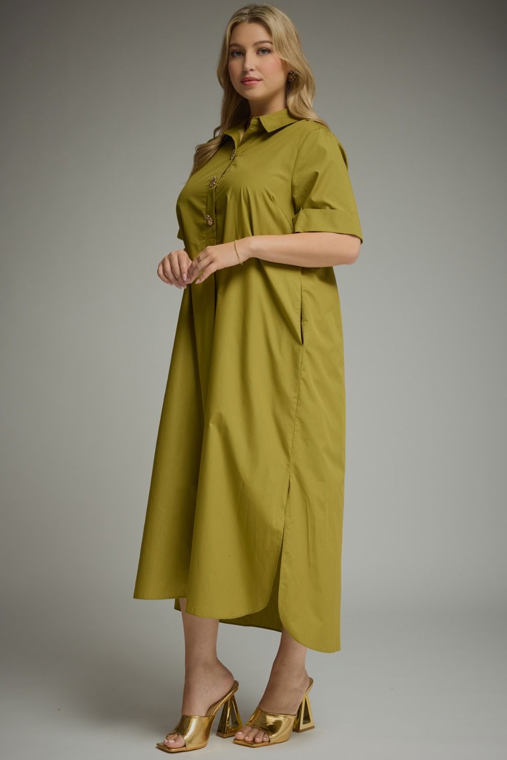 Entro olive green plus size midi dress with gold decorative snap bodice, a collar and short sleeves