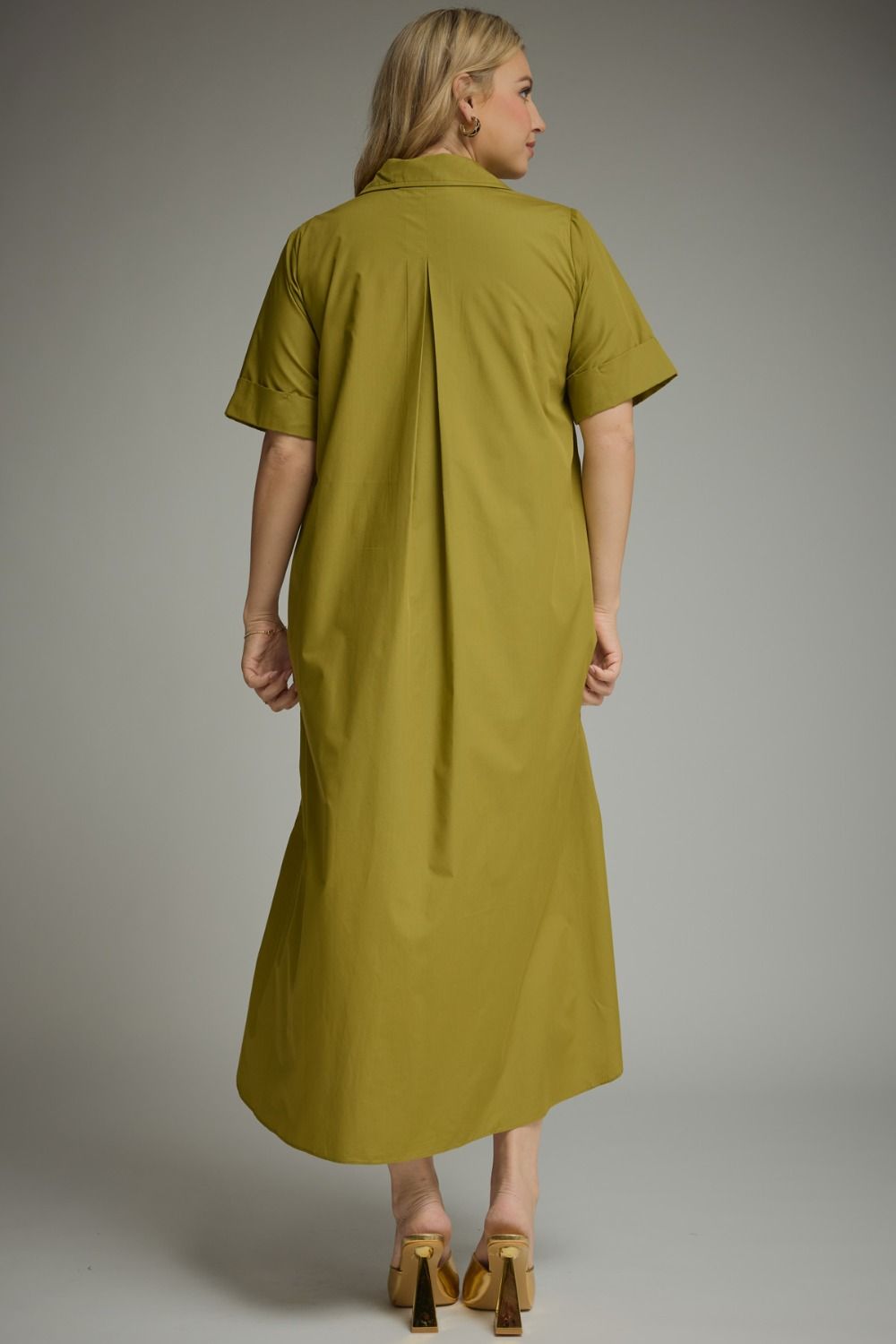 Entro olive green plus size midi dress with gold decorative snap bodice and collar in a flattering fit
