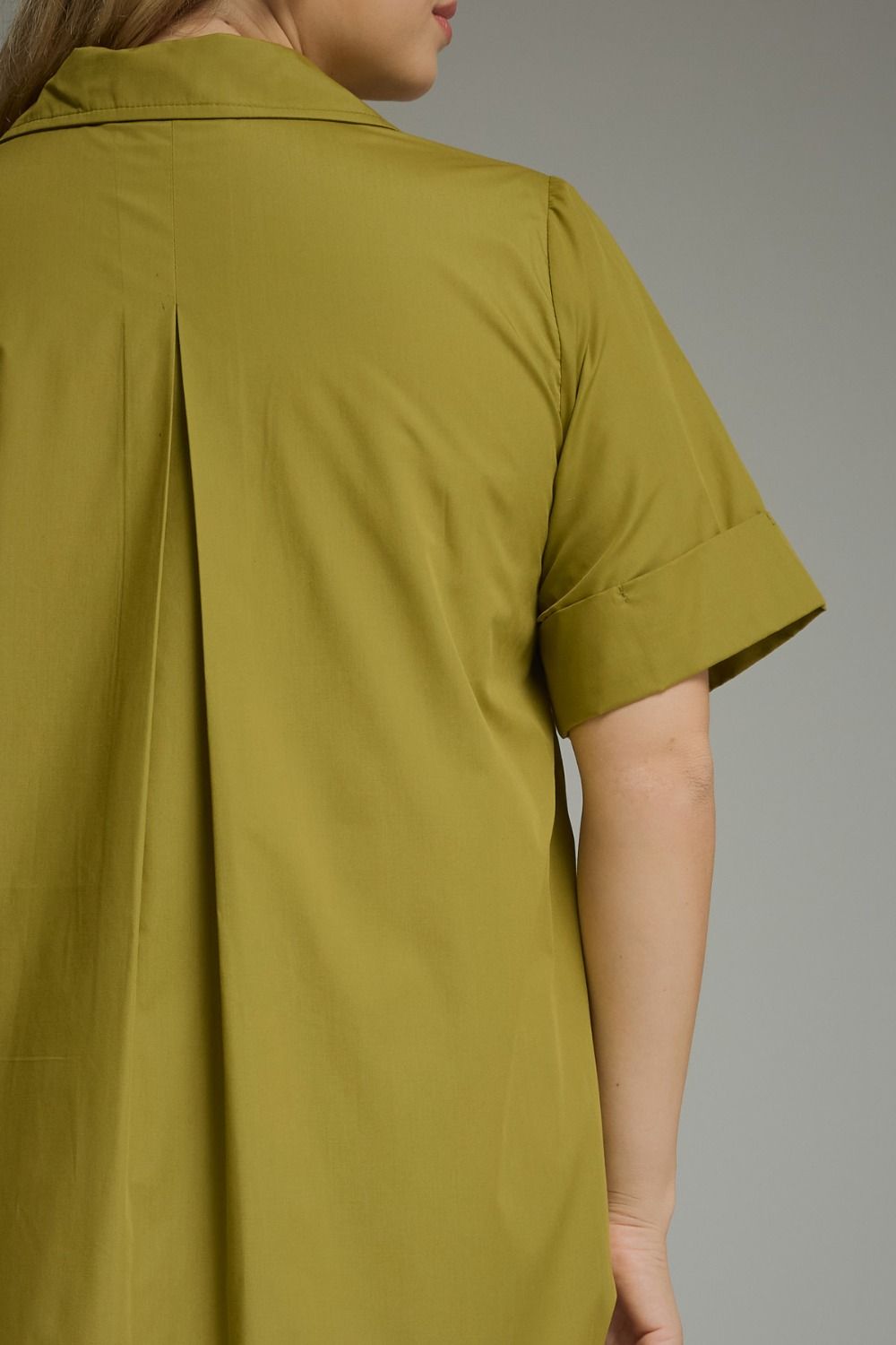 Entro olive green plus size midi dress with gold decorative snap bodice, a collar and a tiered detail in back