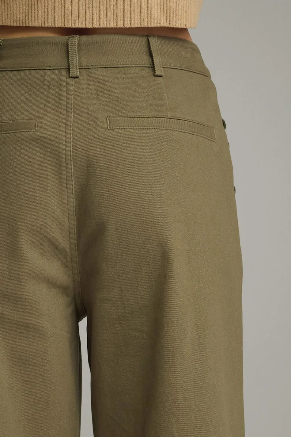 Entro olive twill denim wide leg pants with scalloped details and a comfortable fit