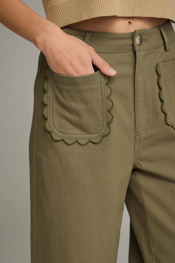 Entro olive twill denim wide leg pants with scalloped details and button and zipper closure