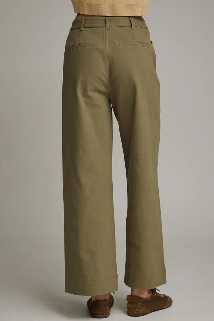 Entro olive twill denim wide leg pants with scalloped details and a flattering fit