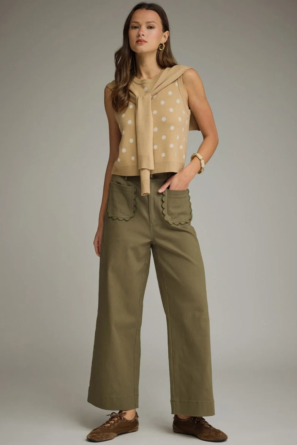 Entro twill denim wide leg pants with scalloped details in olive
