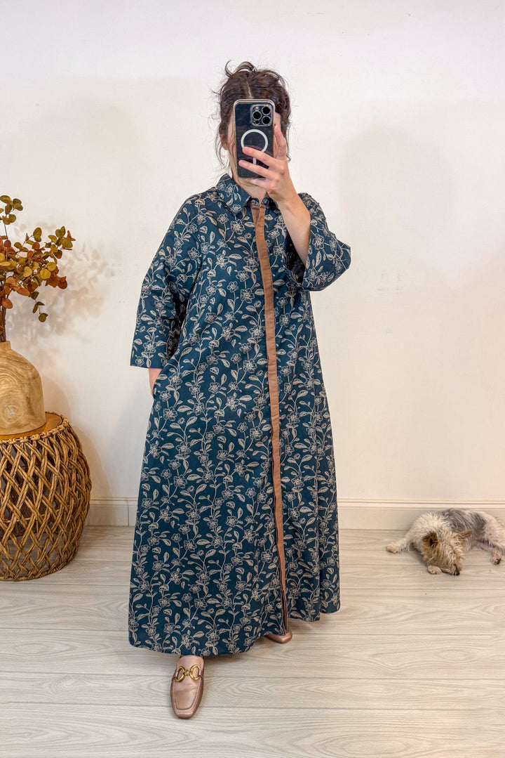 entro oversized flowy brown blue floral maxi dress pockets
