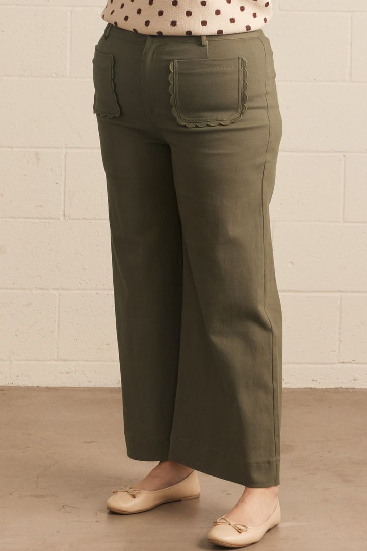 Entro plus size olive twill denim wide leg pants with scalloped details
