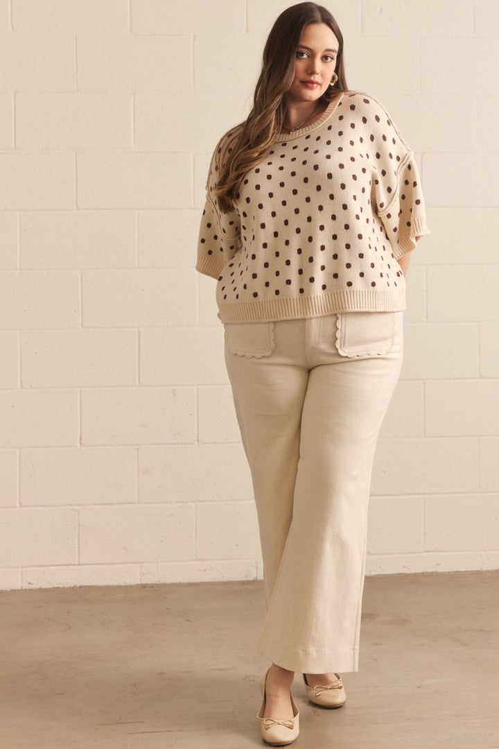 solid ecru wide leg twill denim pants with scallop trim front patch pockets in plus size