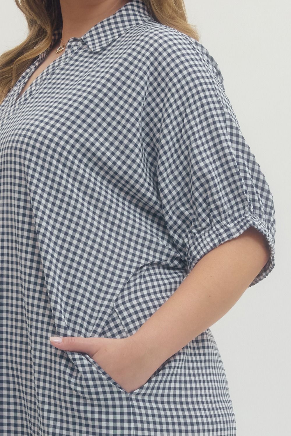 entro plus size navy gingham print maxi dress pockets