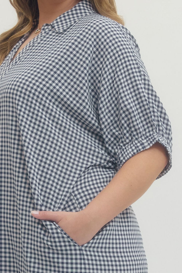 entro plus size navy gingham print maxi dress pockets