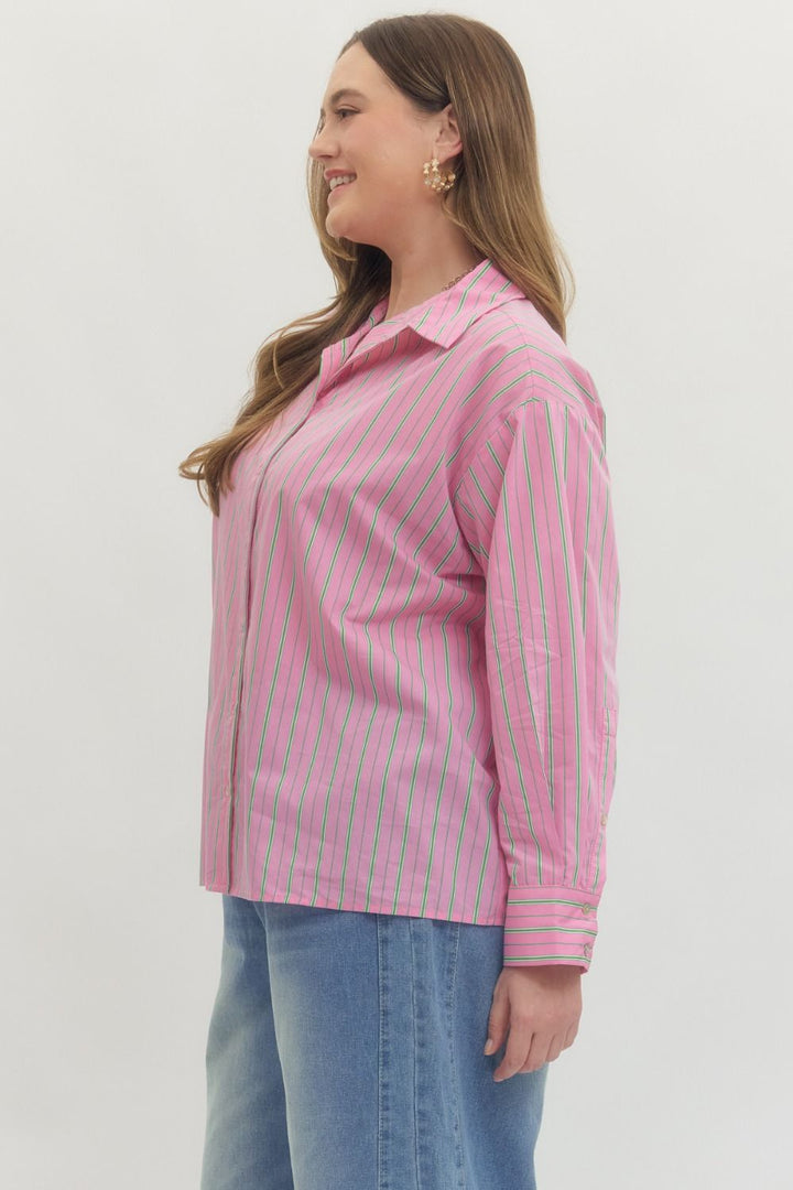 plus size entro pink green striped button down top for masters golf