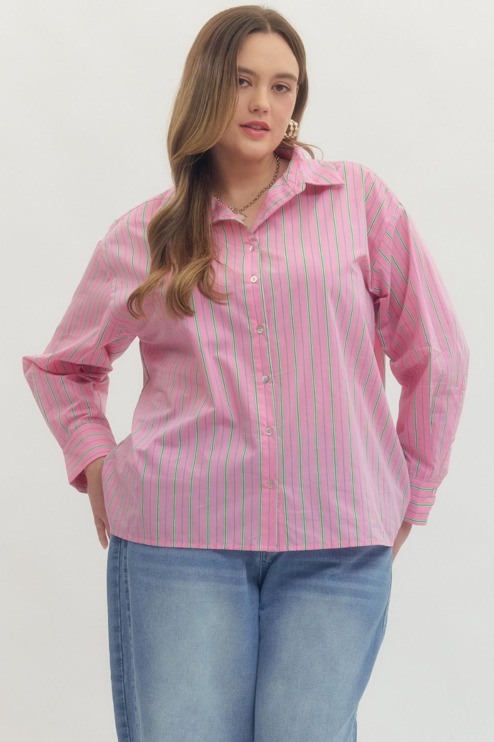 plus size entro pink green striped button down top