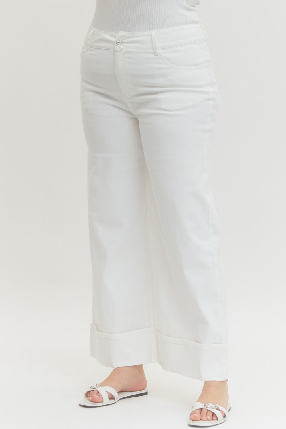 entro plus size white cuffed twill relaxed denim