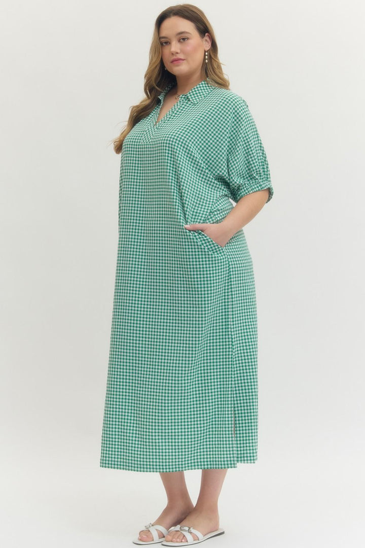 Women's Plus Size Kelly Green Gingham Midi Dress – Purple Door Boutique