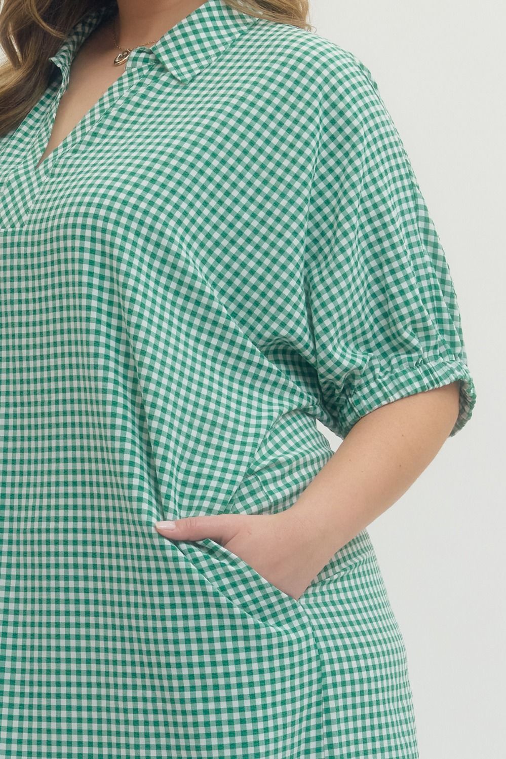 women's plus size entro green gingham maxi dress details