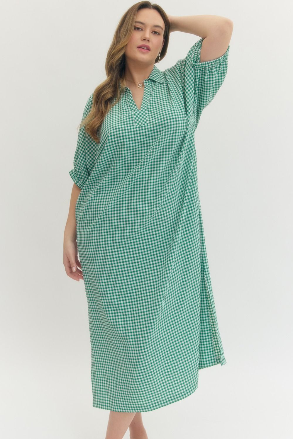 women's plus size entro green gingham maxi dress pockets